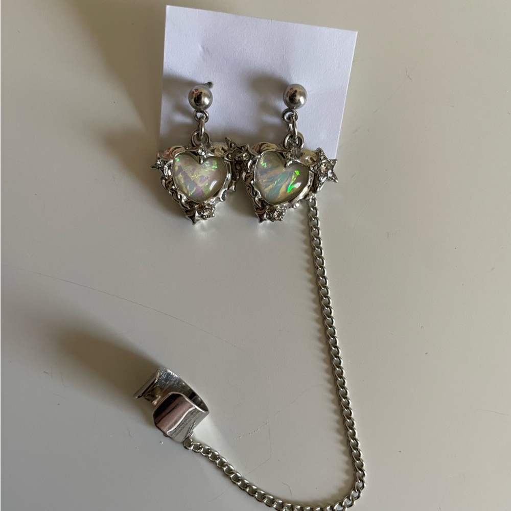 Silver Tone Heart Opal earrings with cuffs - Iridescent White